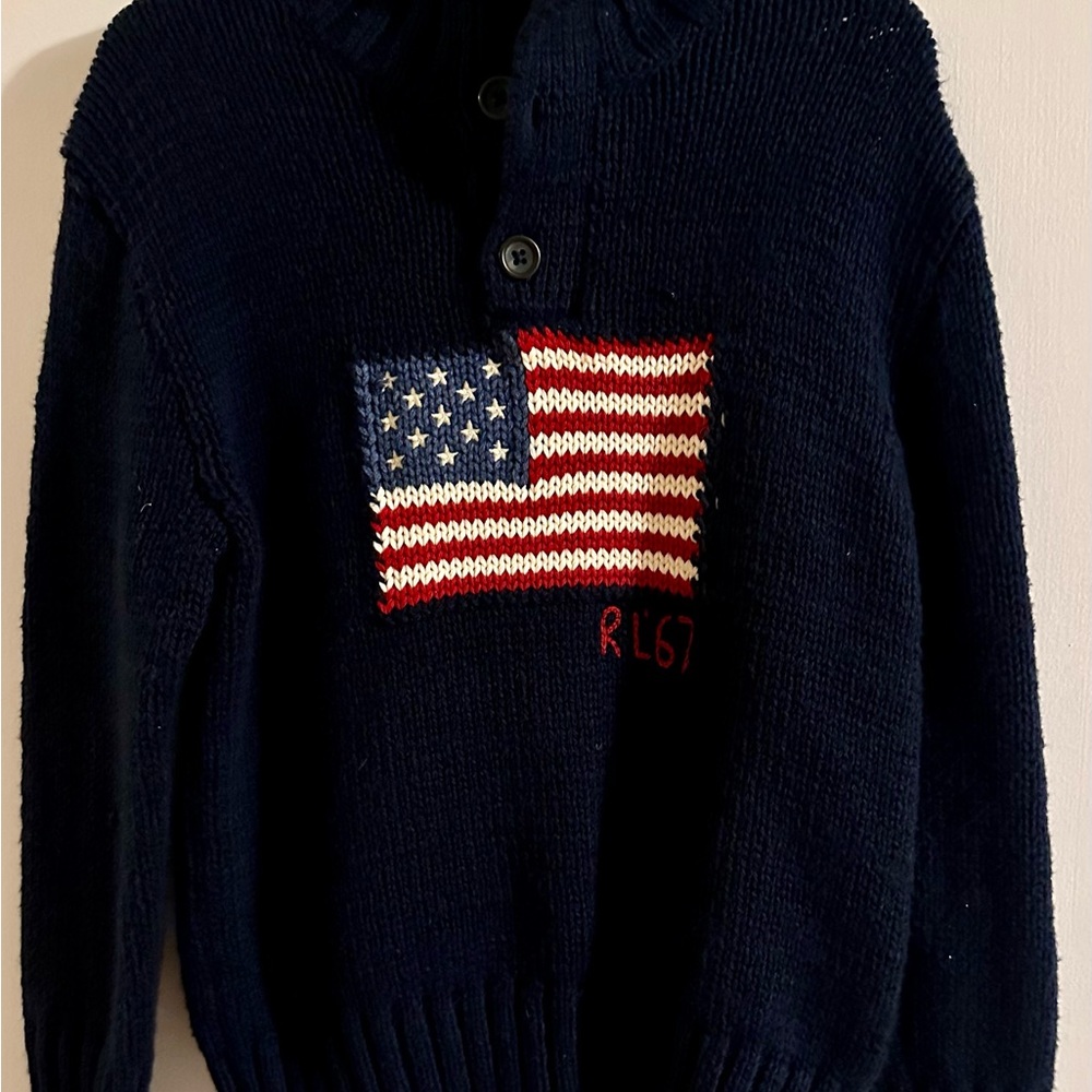 Polo by Ralph Lauren Boys Navy Sweater with American Flag - excellent cond. Sz 5